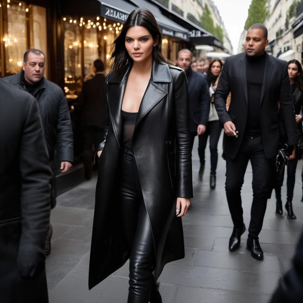 A.I. Kendall Jenner em casaco de couro