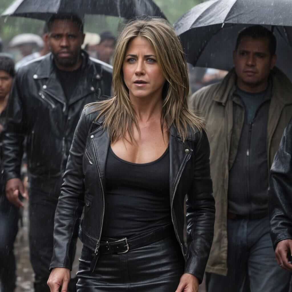 K.I. Jennifer Aniston in Leder im Slummer