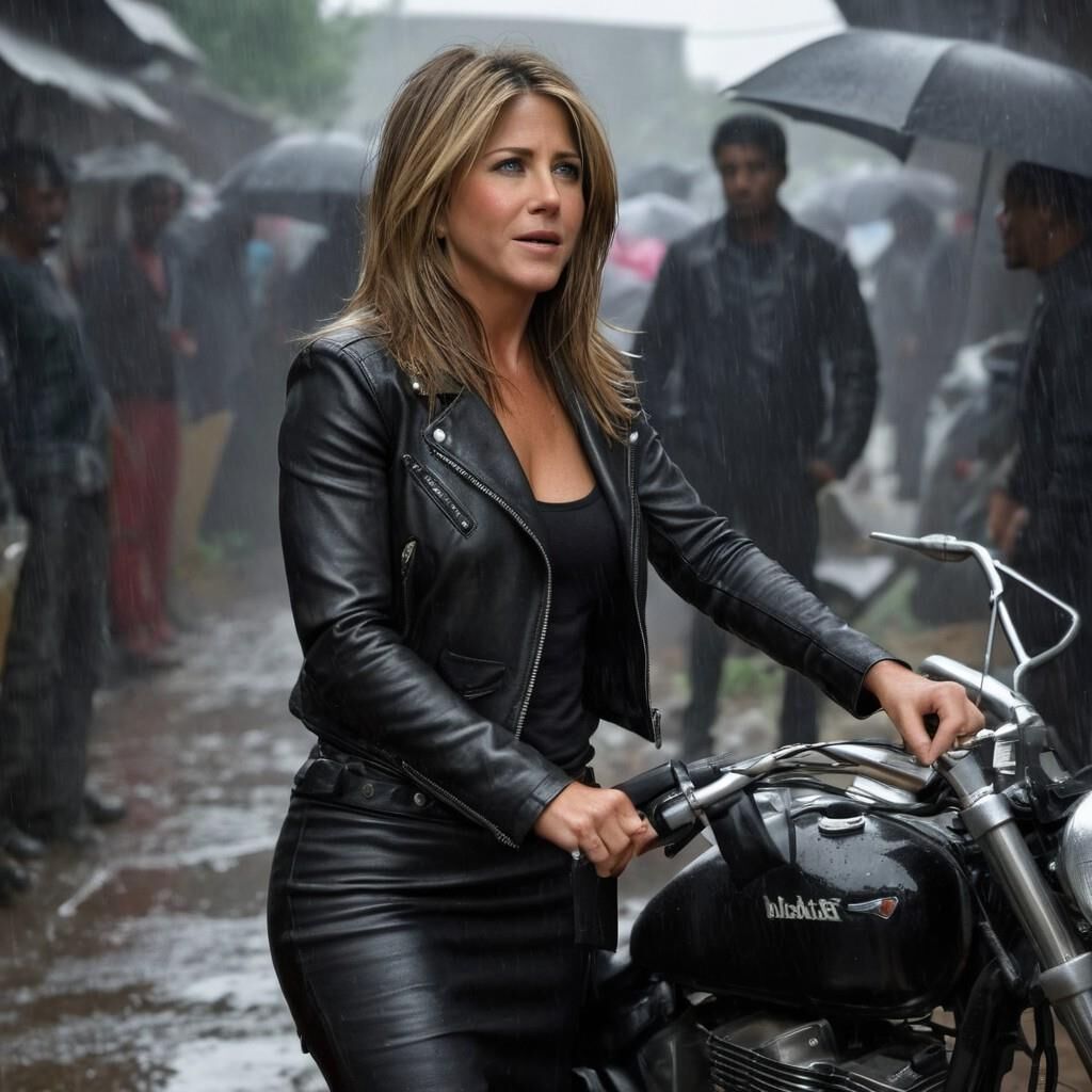 K.I. Jennifer Aniston in Leder im Slummer