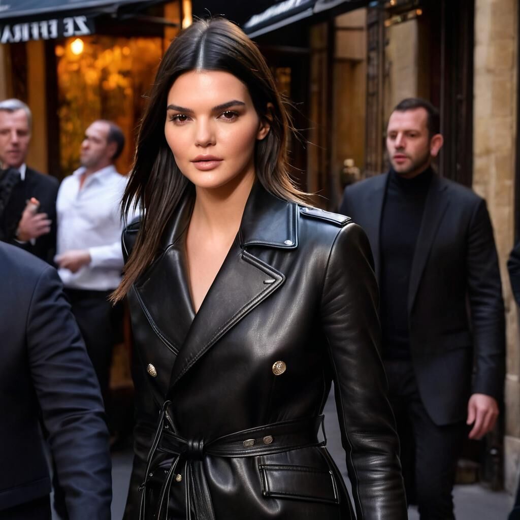 A.I. Kendall Jenner em casaco de couro