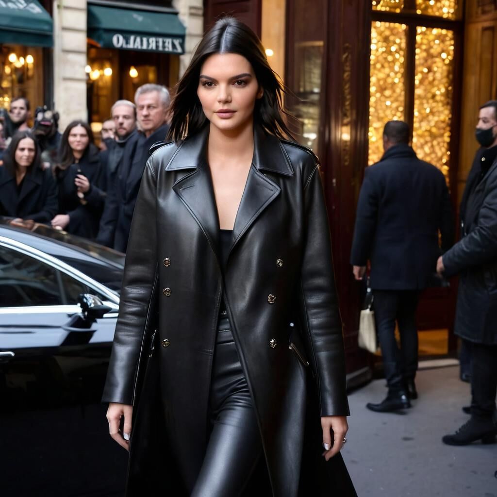 A.I. Kendall Jenner em casaco de couro