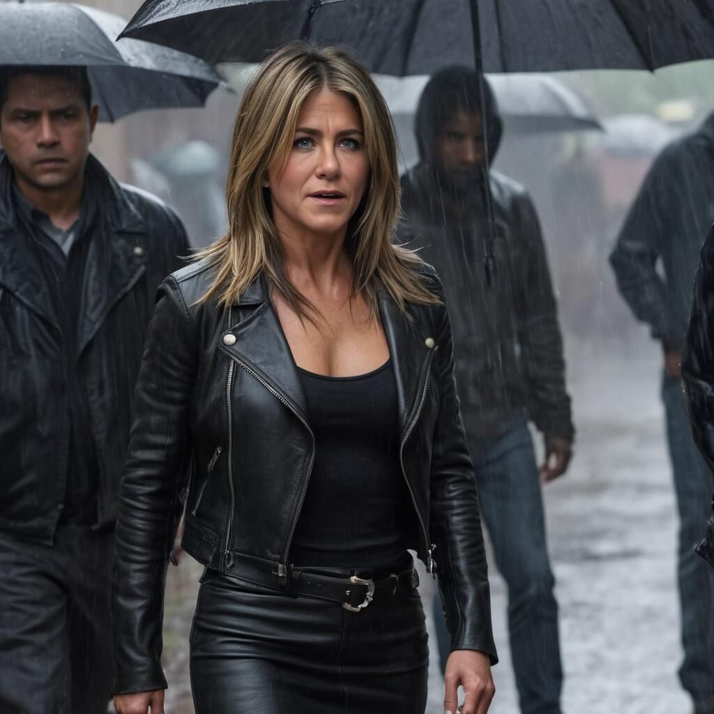 K.I. Jennifer Aniston in Leder im Slummer