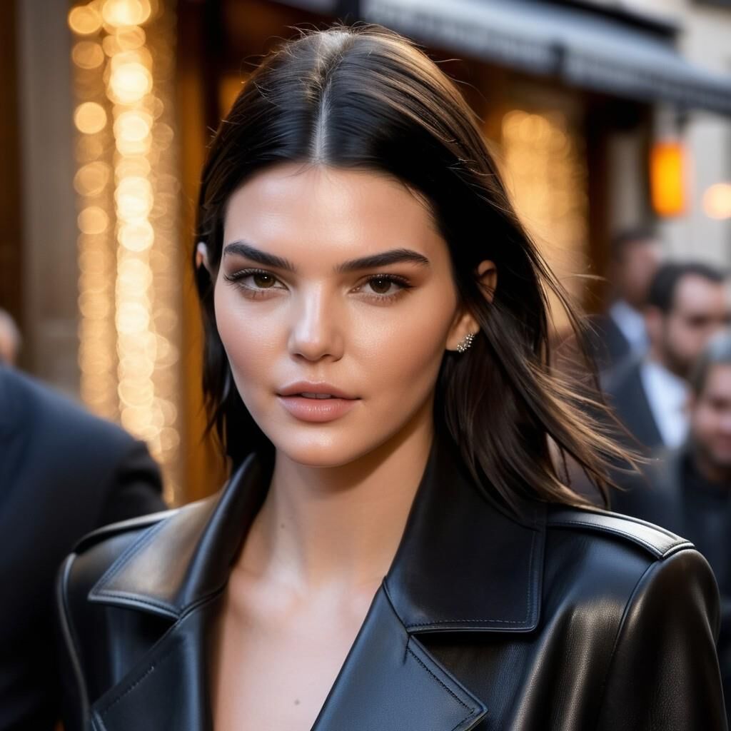 A.I. Kendall Jenner em casaco de couro