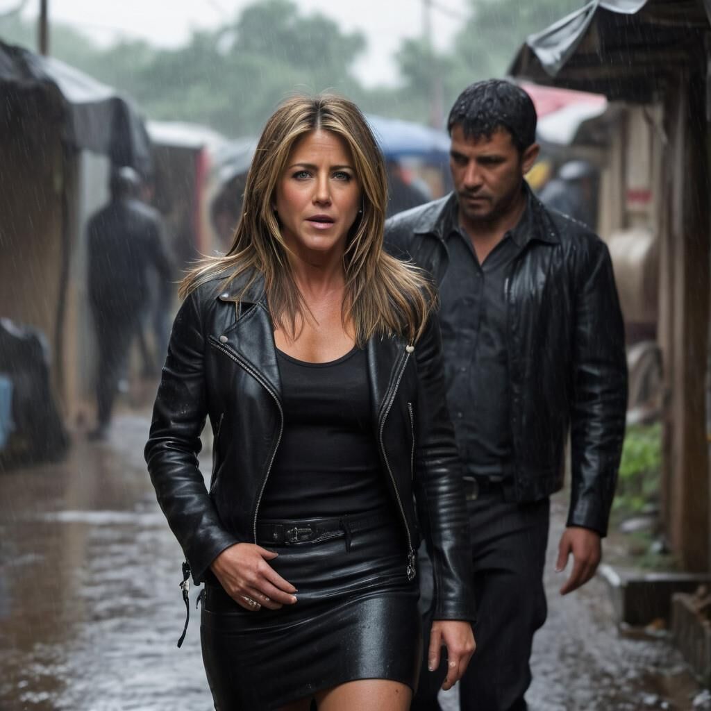 K.I. Jennifer Aniston in Leder im Slummer