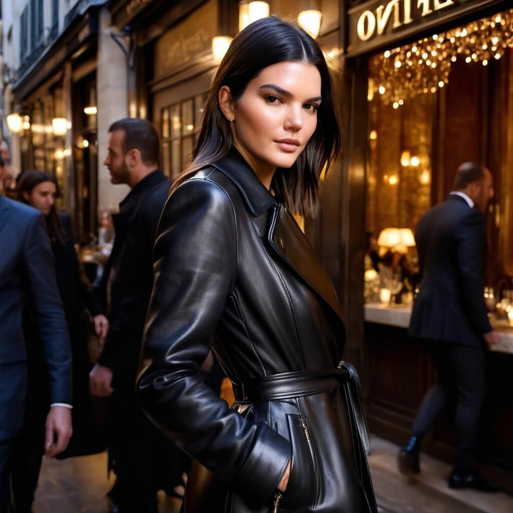 A.I. Kendall Jenner em casaco de couro