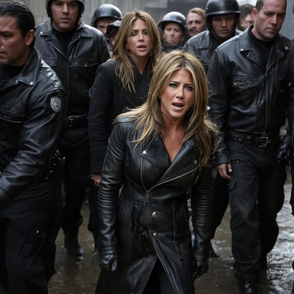 A.I. Jennifer Aniston em couro torneado sujo