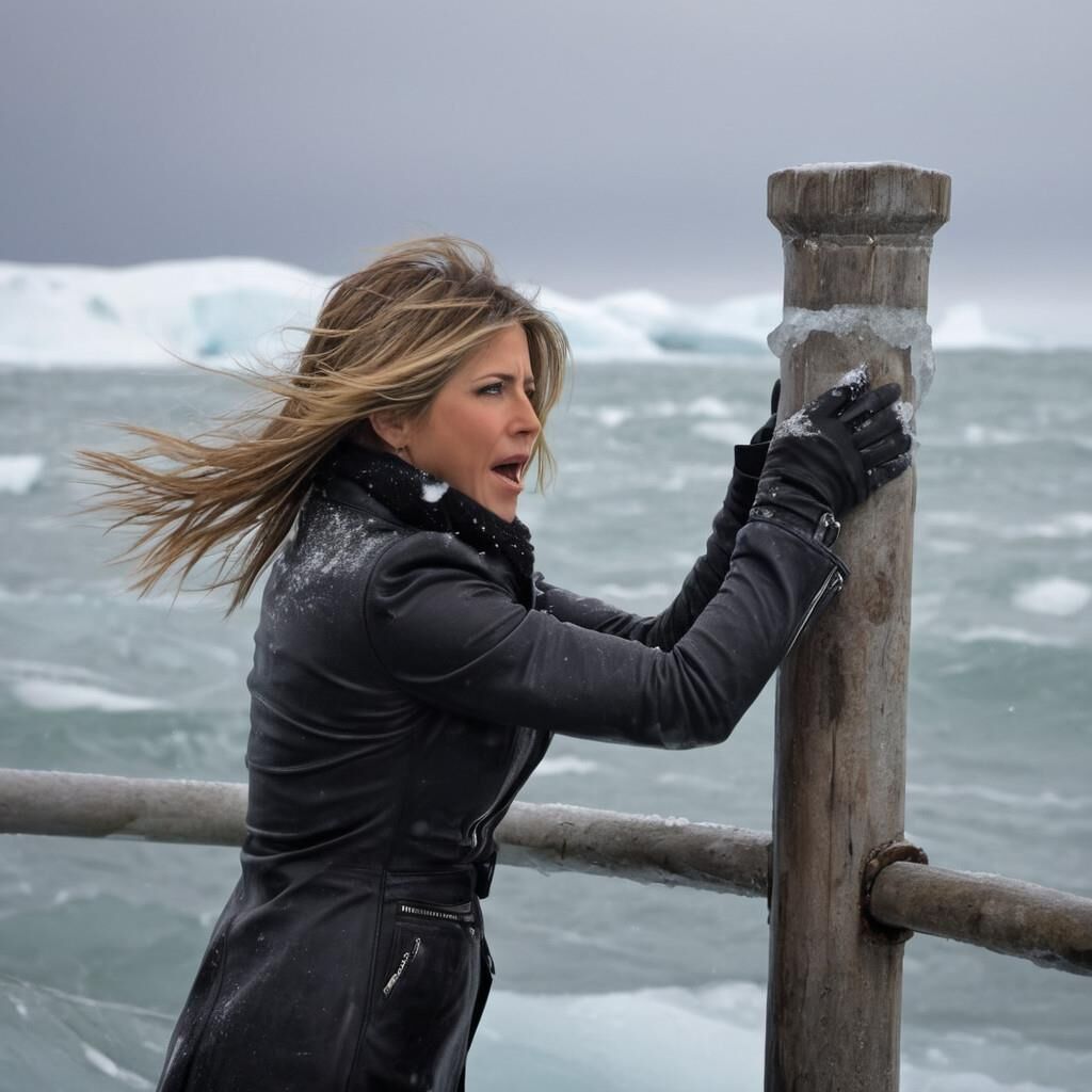 A.I. Jennifer Aniston in the cold in leather.