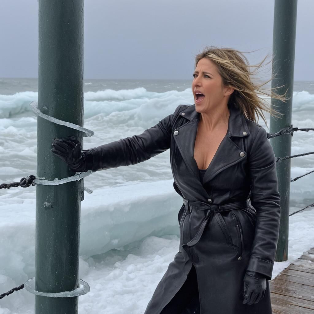 A.I. Jennifer Aniston in the cold in leather.