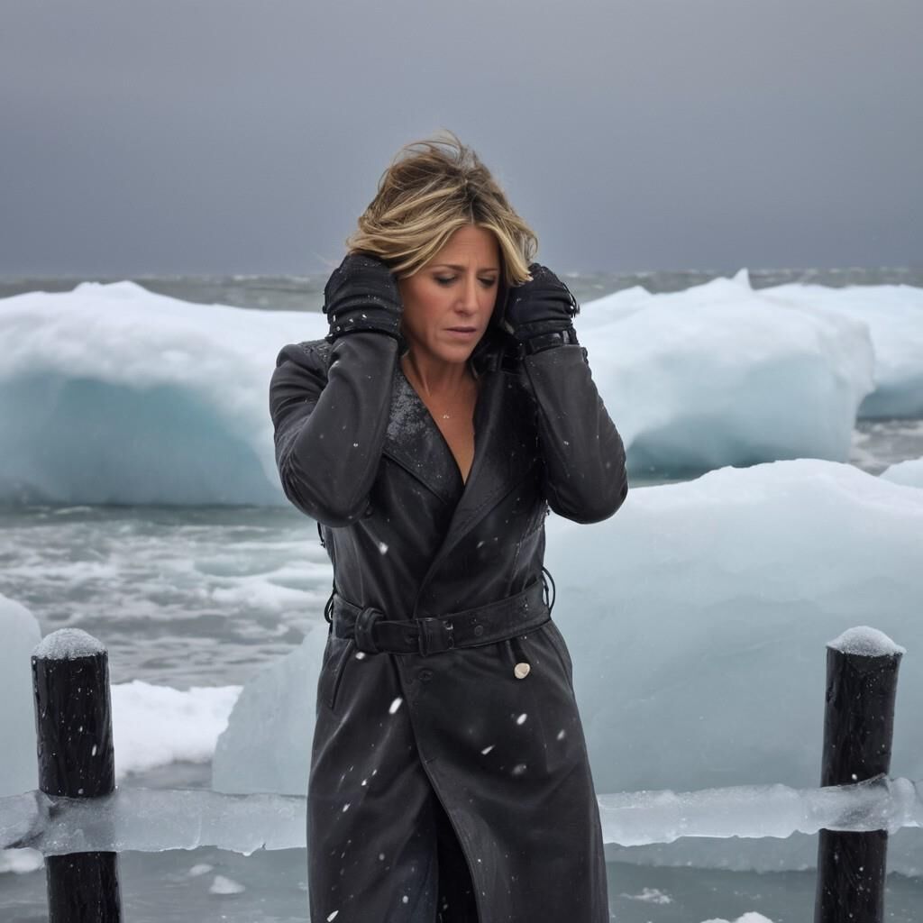 A.I. Jennifer Aniston in the cold in leather.