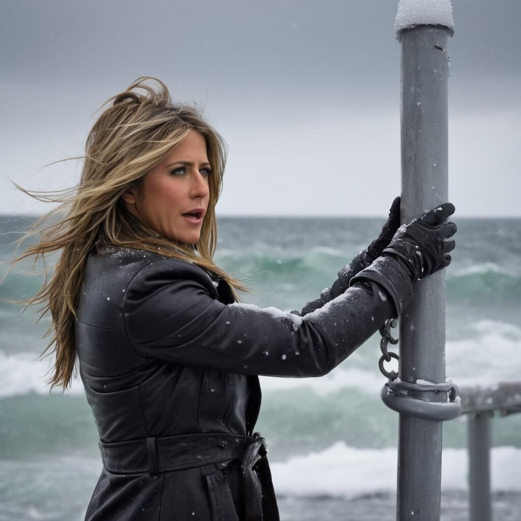 A.I. Jennifer Aniston in the cold in leather.