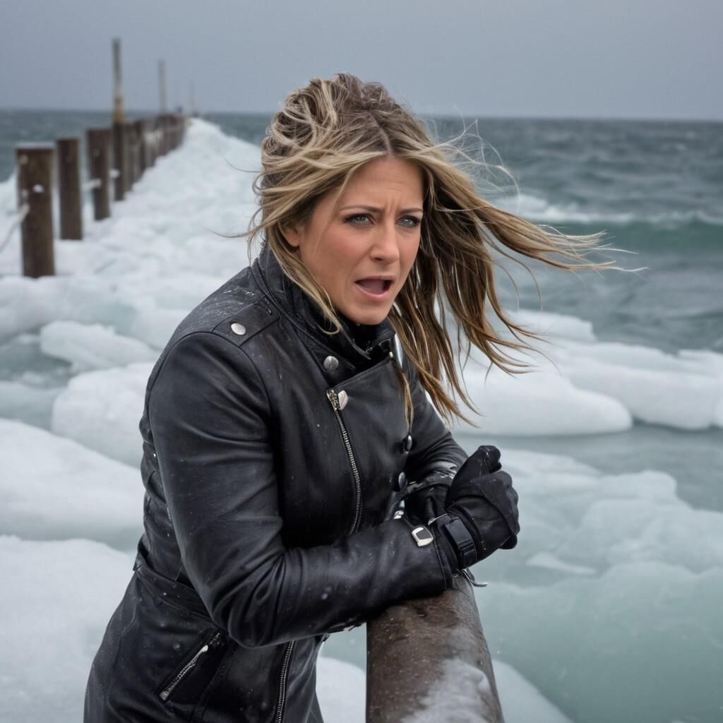 A.I. Jennifer Aniston in the cold in leather.