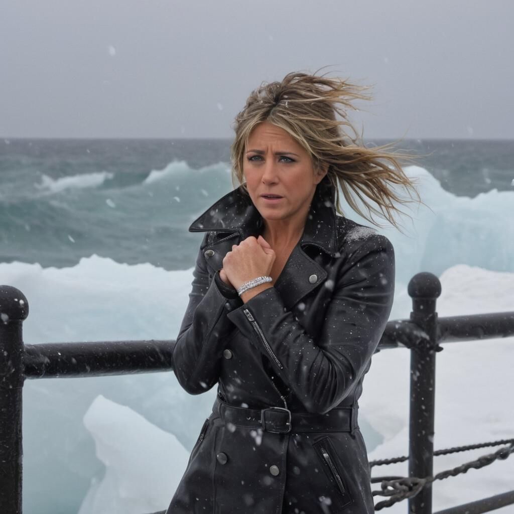 A.I. Jennifer Aniston in the cold in leather.