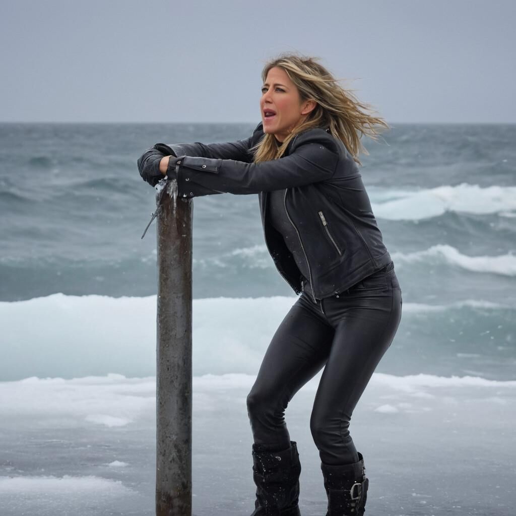 A.I. Jennifer Aniston in the cold in leather.