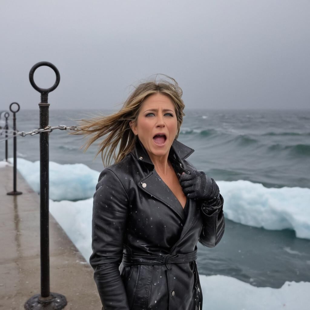 A.I. Jennifer Aniston in the cold in leather.