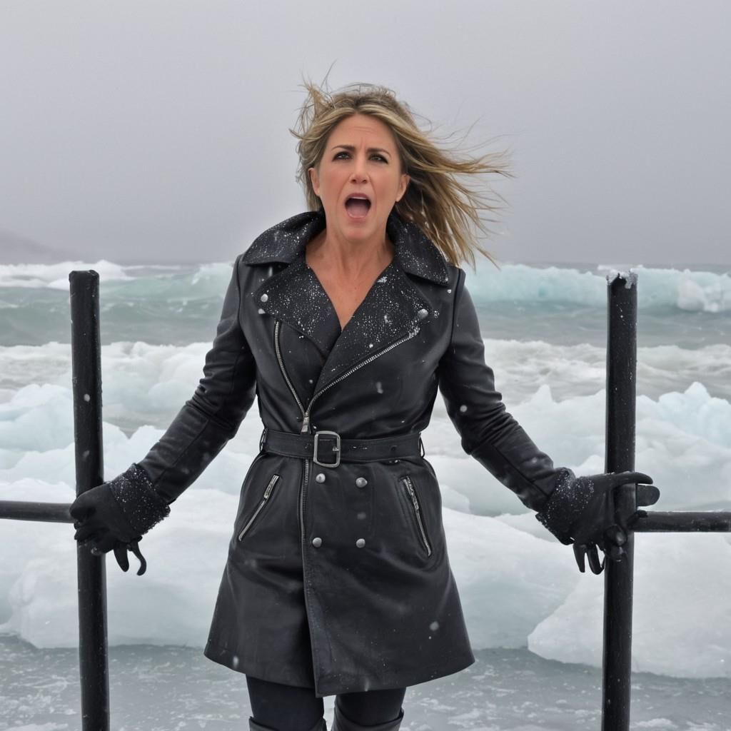 A.I. Jennifer Aniston in the cold in leather.