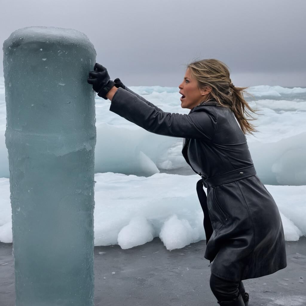 A.I. Jennifer Aniston in the cold in leather.