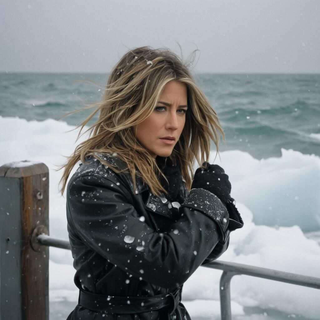 A.I. Jennifer Aniston in the cold in leather.