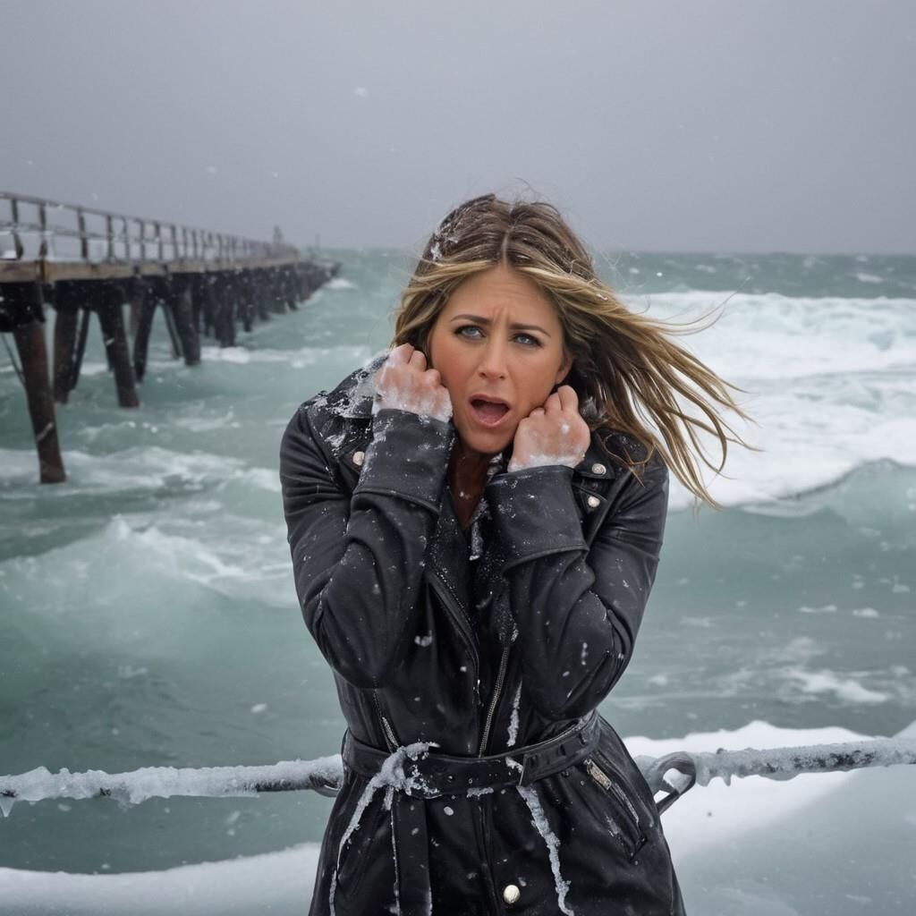 A.I. Jennifer Aniston in the cold in leather.