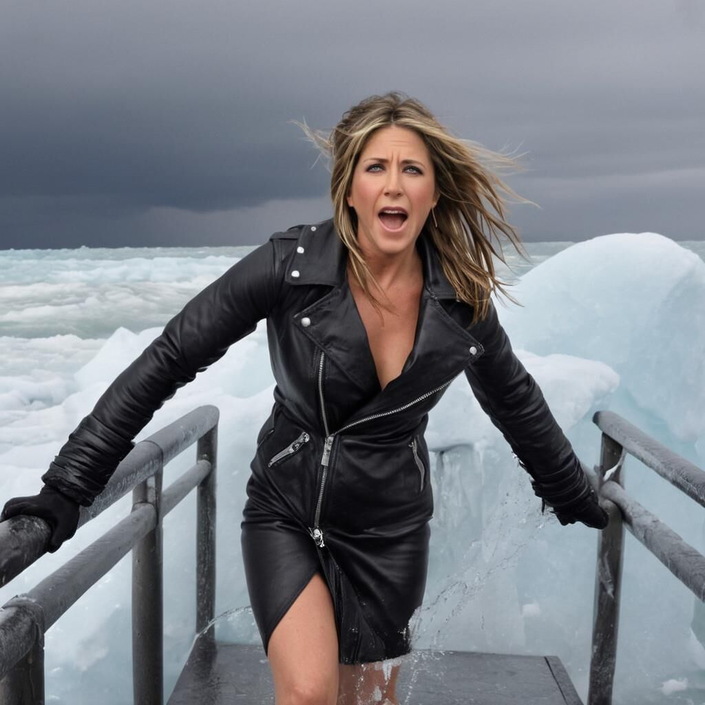 A.I. Jennifer Aniston in the cold in leather.