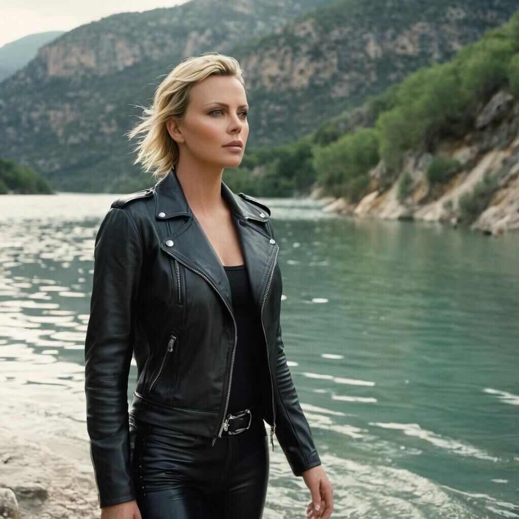 KI Charlize Theron in Leder in einen See