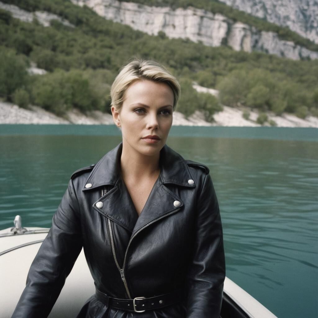 KI Charlize Theron in Leder in einen See