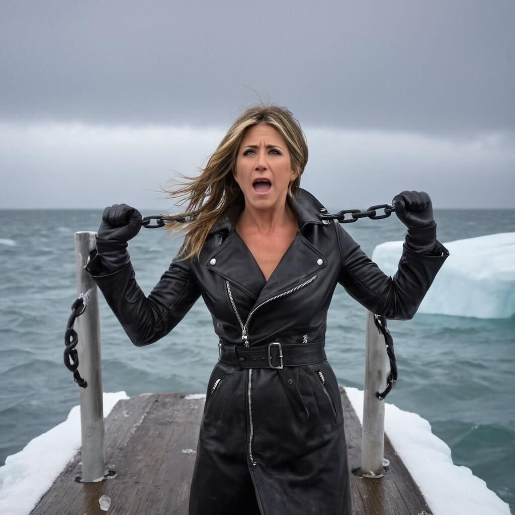 A.I. Jennifer Aniston in the cold in leather.