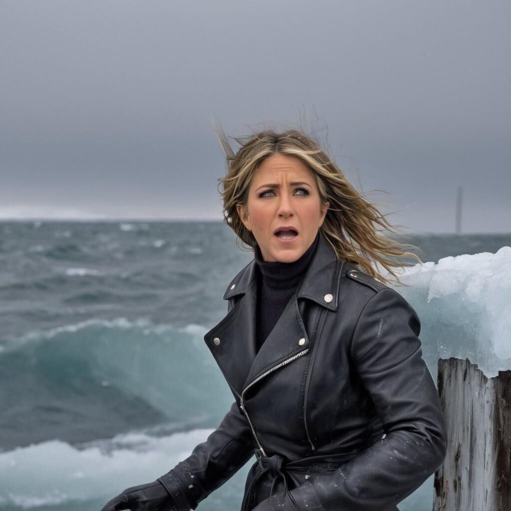 A.I. Jennifer Aniston in the cold in leather.