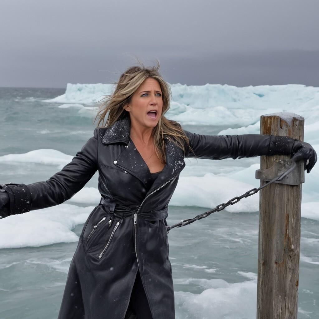 A.I. Jennifer Aniston in the cold in leather.