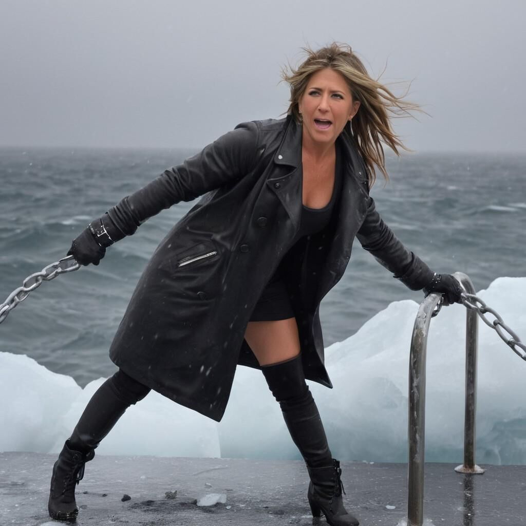 A.I. Jennifer Aniston in the cold in leather.