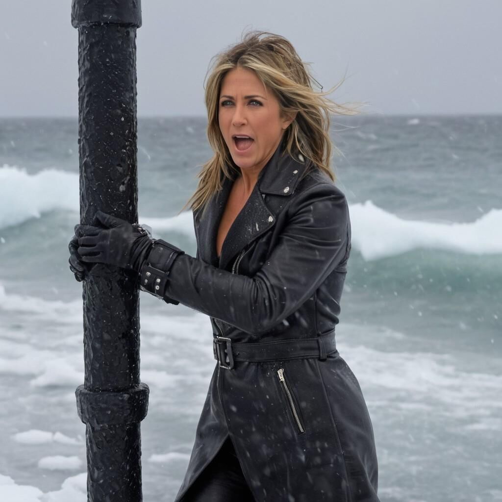 A.I. Jennifer Aniston in the cold in leather.