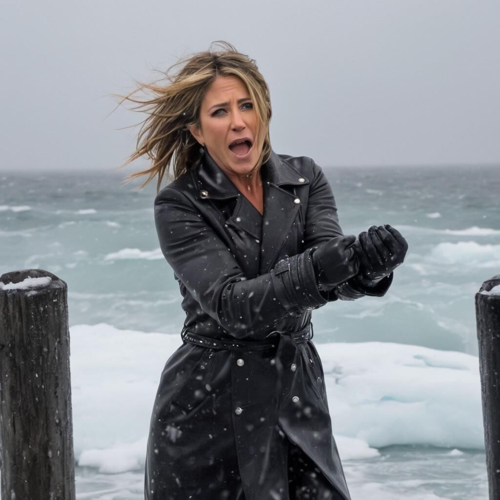 A.I. Jennifer Aniston in the cold in leather.