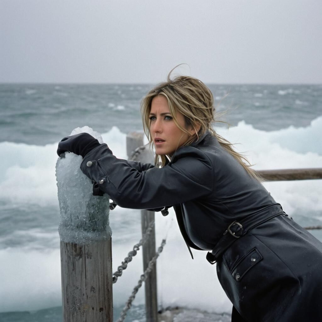 A.I. Jennifer Aniston in the cold in leather.