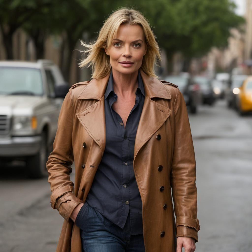 A.I.Jaime Pressly en abrigo de cuero