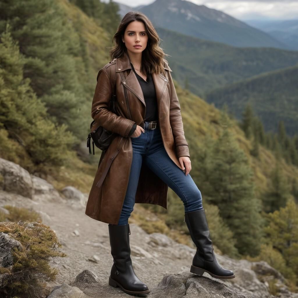 A.I. Ana de Arnas in Leather coat and boots hiking