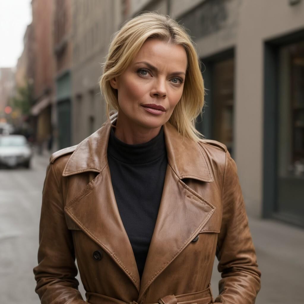 A.I.Jaime Pressly en abrigo de cuero