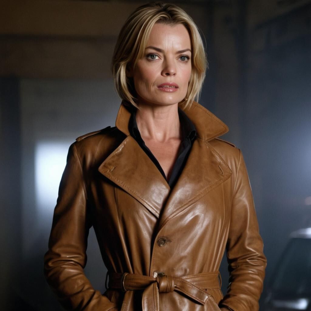 A.I.Jaime Pressly en abrigo de cuero