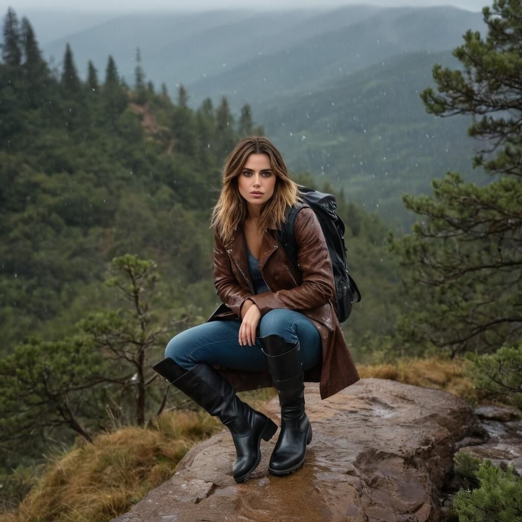 A.I. Ana de Arnas in Leather coat and boots hiking