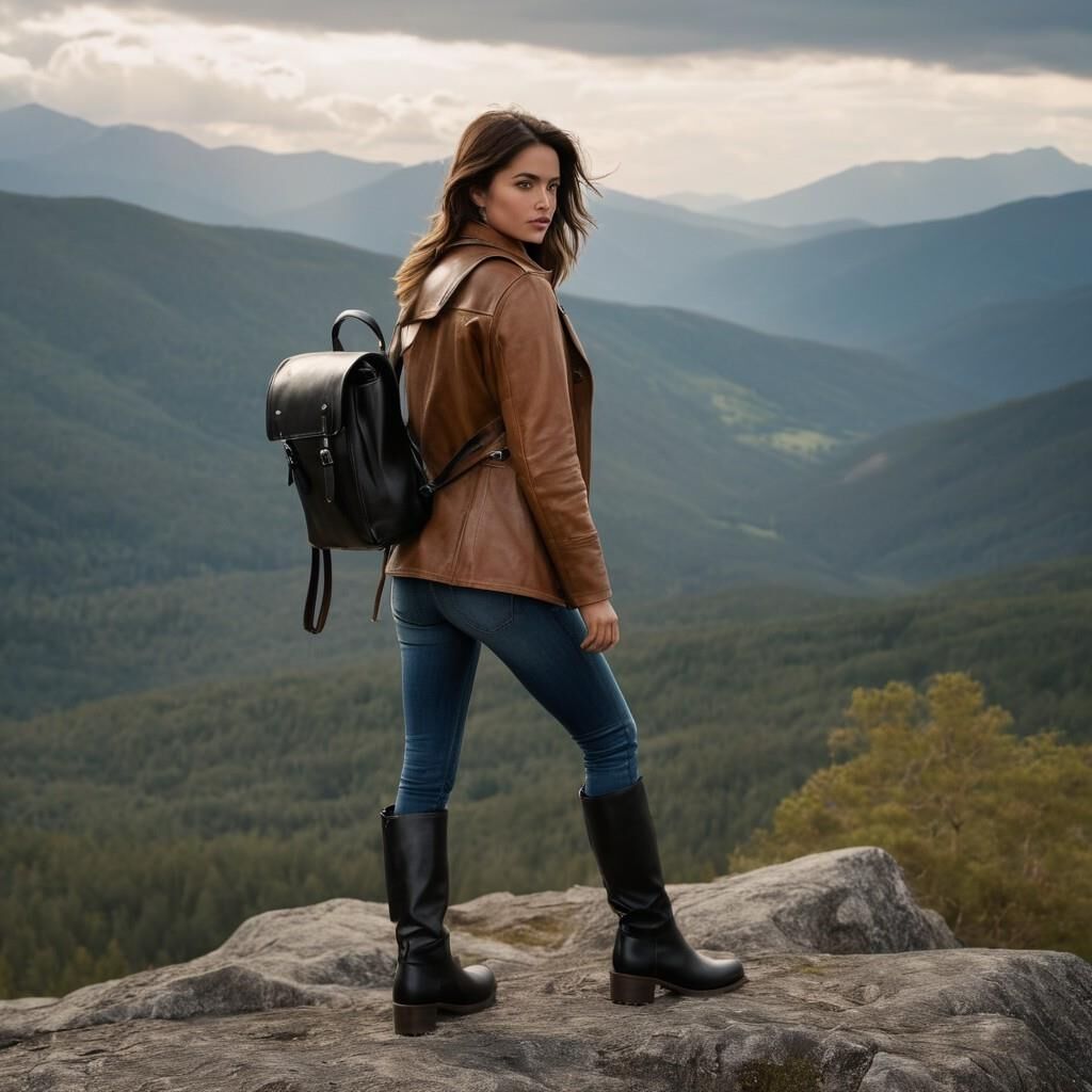 A.I. Ana de Arnas in Leather coat and boots hiking