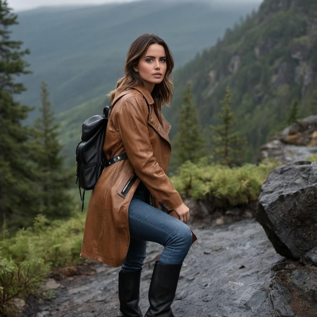 A.I. Ana de Arnas in Leather coat and boots hiking