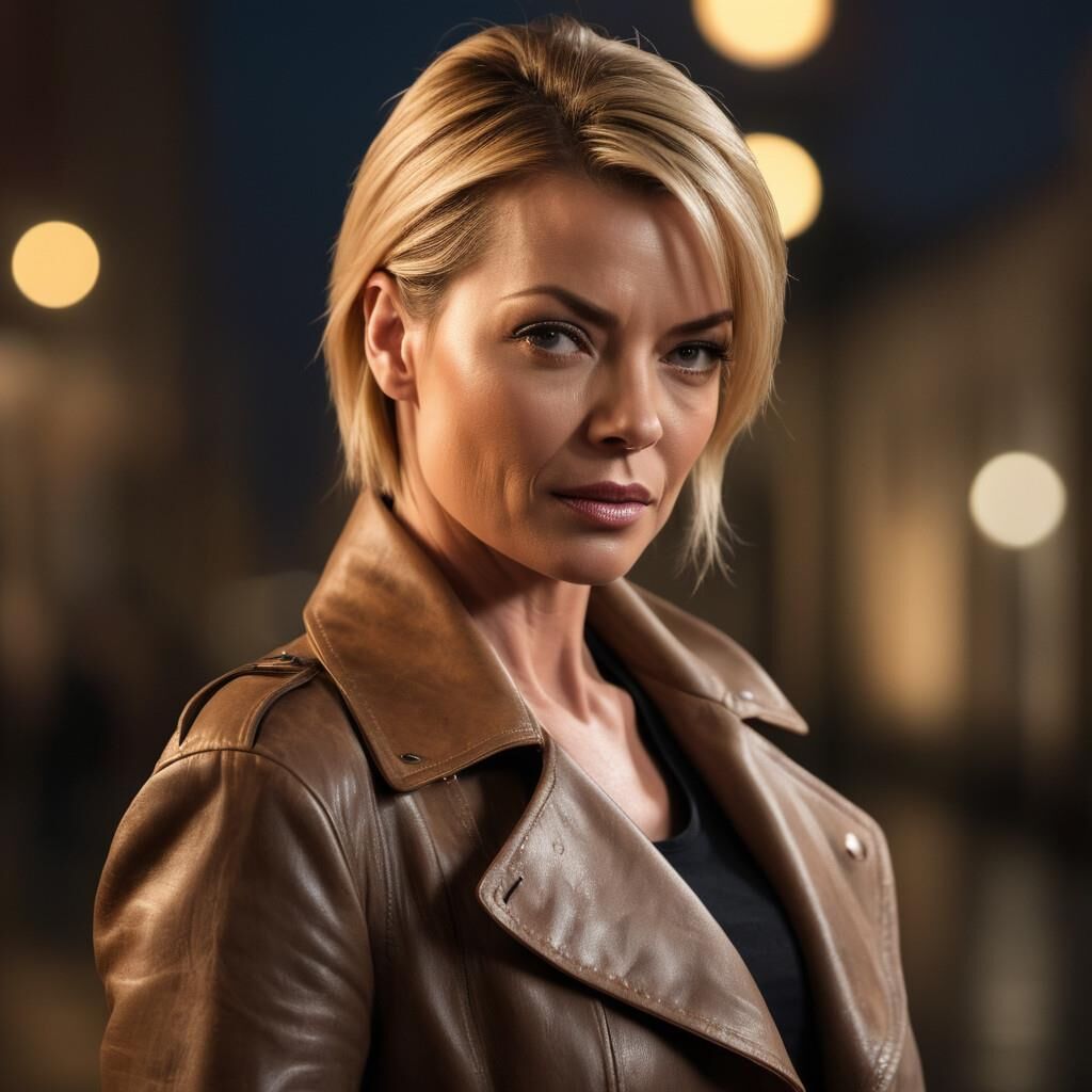 A.I.Jaime Pressly en abrigo de cuero