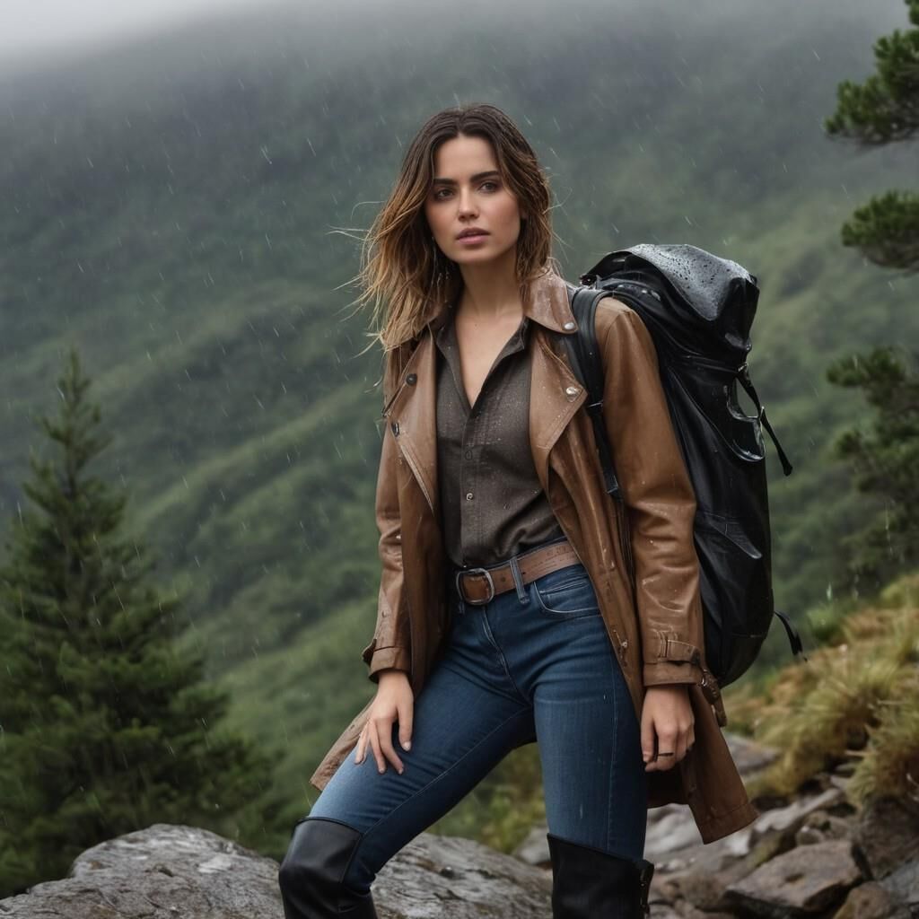 A.I. Ana de Arnas in Leather coat and boots hiking