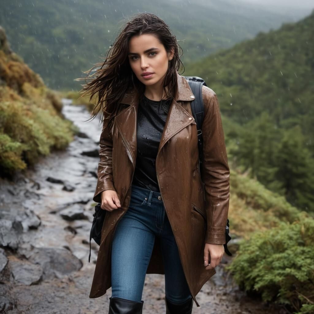 A.I. Ana de Arnas in Leather coat and boots hiking