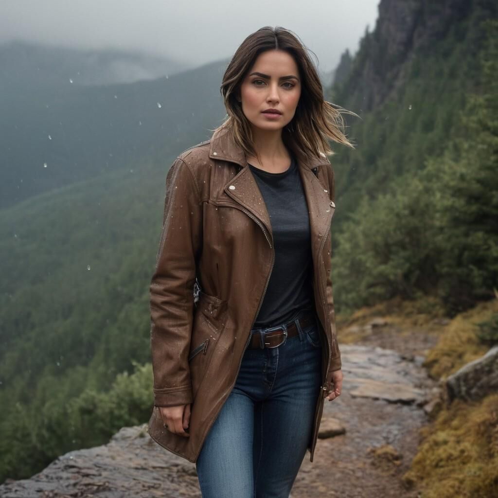 A.I. Ana de Arnas in Leather coat and boots hiking