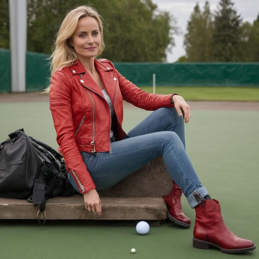 A.I. Sofia Helin in Red Leather Jacket on a Golf court.