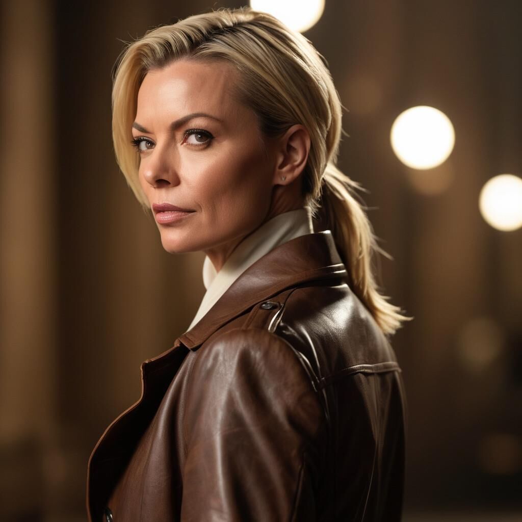 A.I.Jaime Pressly en abrigo de cuero