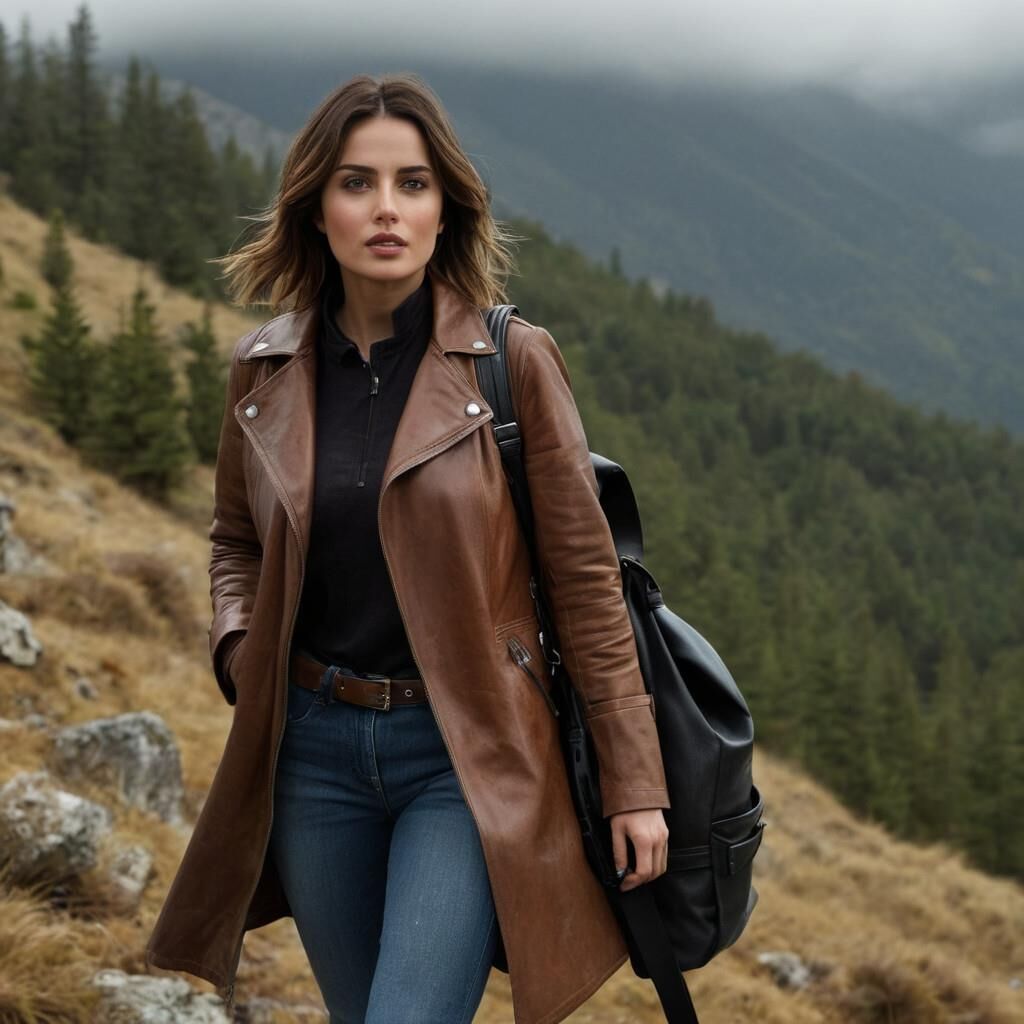 A.I. Ana de Arnas in Leather coat and boots hiking