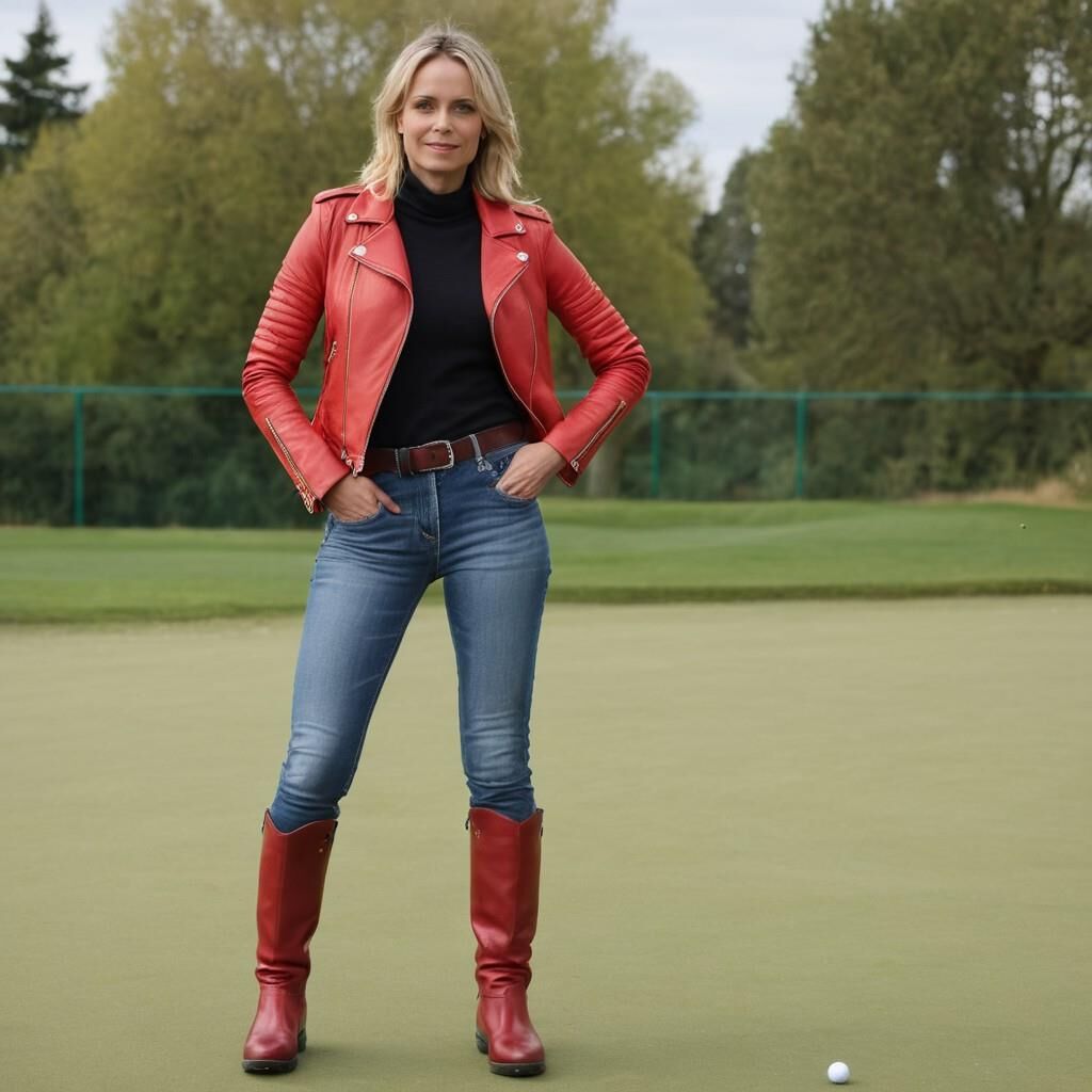 A.I. Sofia Helin in Red Leather Jacket on a Golf court.