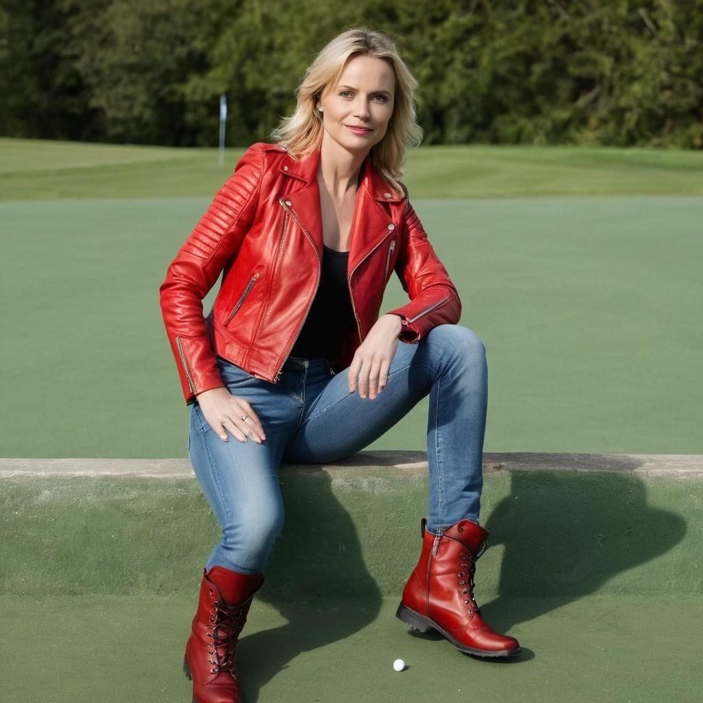 A.I. Sofia Helin in Red Leather Jacket on a Golf court.