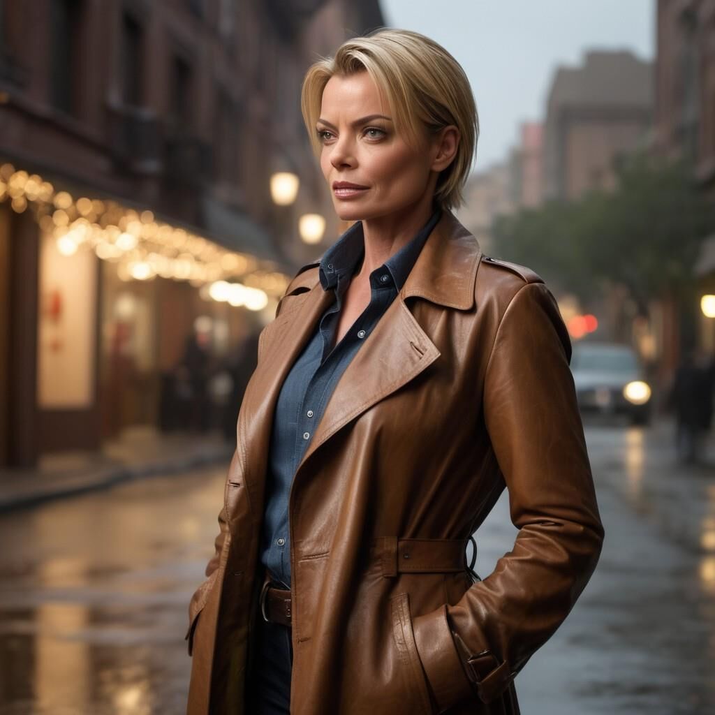 A.I.Jaime Pressly en abrigo de cuero