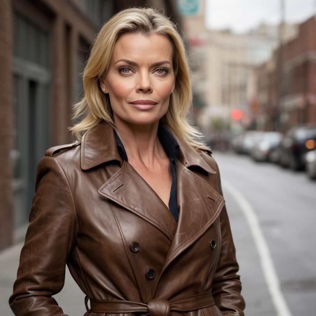 A.I.Jaime Pressly en abrigo de cuero